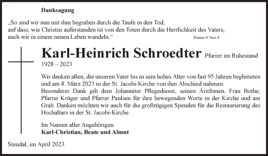 Traueranzeige von Karl-Heinrich Schroedter von Volksstimme Altmark Ost