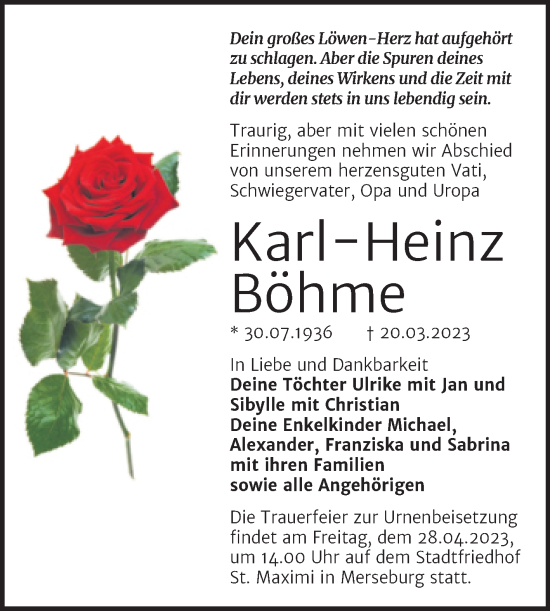 Traueranzeige von Karl-Heinz Böhme von Trauerkombi Merseburg