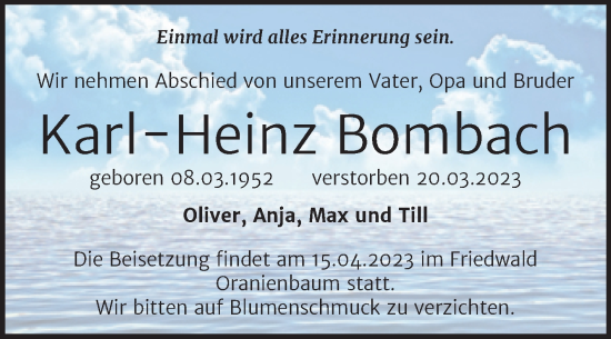 Traueranzeige von Karl-Heinz Bombach von Trauerkombi Dessau