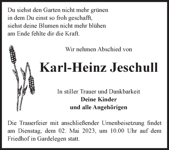 Traueranzeige von Karl-Heinz Jeschull von Volksstimme Altmark West