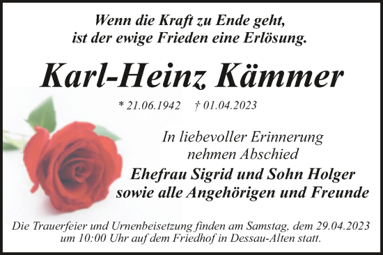Traueranzeige von Karl-Heinz Kämmer von Trauerkombi Dessau