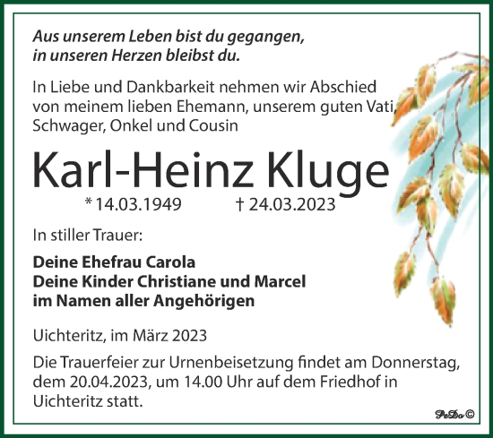 Traueranzeige von Karl-Heinz Kluge von Trauerkombi Weißenfels