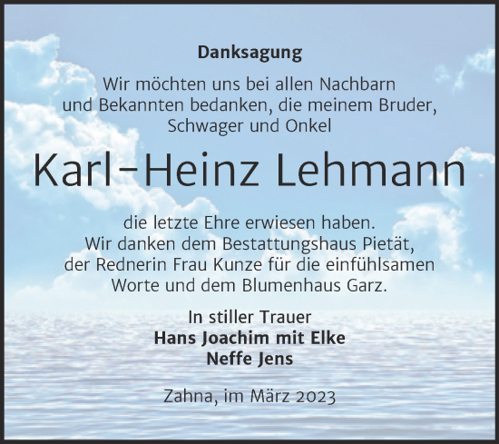 Traueranzeige von Karl-Heinz Lehmann von Trauerkombi Wittenberg