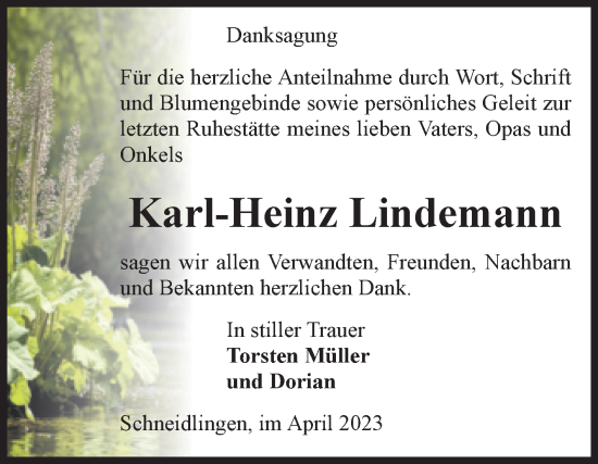 Traueranzeige von Karl-Heinz Lindemann von Volksstimme Staßfurt