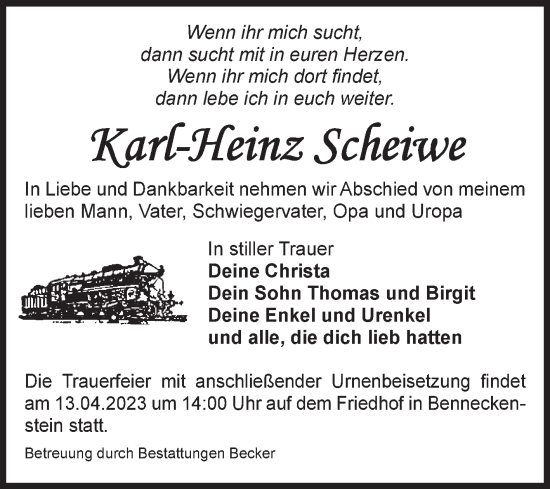 Traueranzeige von Karl-Heinz Scheiwe von Volksstimme Wernigerode