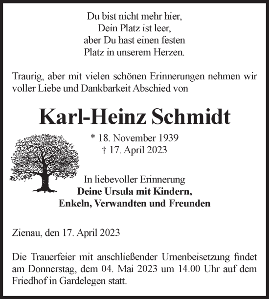Traueranzeige von Karl-Heinz Schmidt von Volksstimme Altmark West
