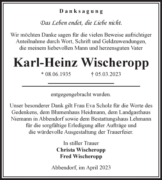 Traueranzeige von Karl-Heinz Wischeropp von Volksstimme Altmark West