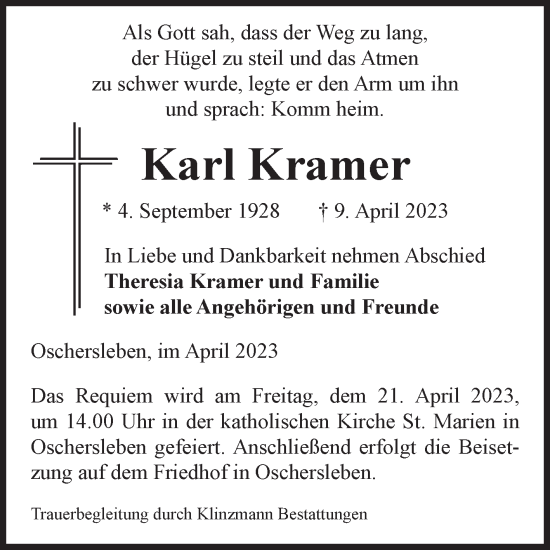 Traueranzeige von Karl Kramer von Volksstimme Oschersleben/Wanzleben