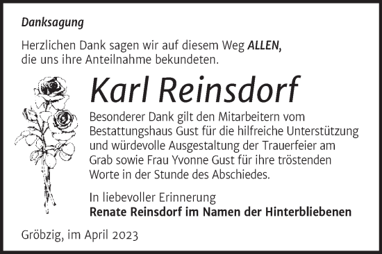 Traueranzeige von Karl Reinsdorf von Trauerkombi Köthen