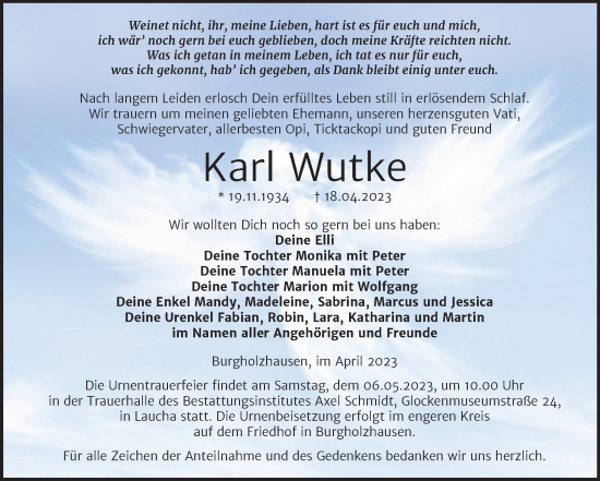 Traueranzeige von Karl Wutke von Wochenspiegel Naumburg/Nebra