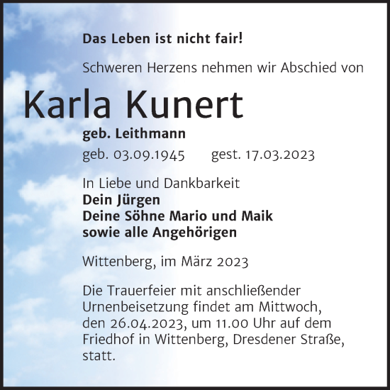 Traueranzeige von Karla Kunert von Trauerkombi Wittenberg
