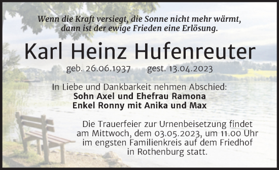 Traueranzeige von Karl Heinz Hufenreuter von Trauerkombi Bernburg