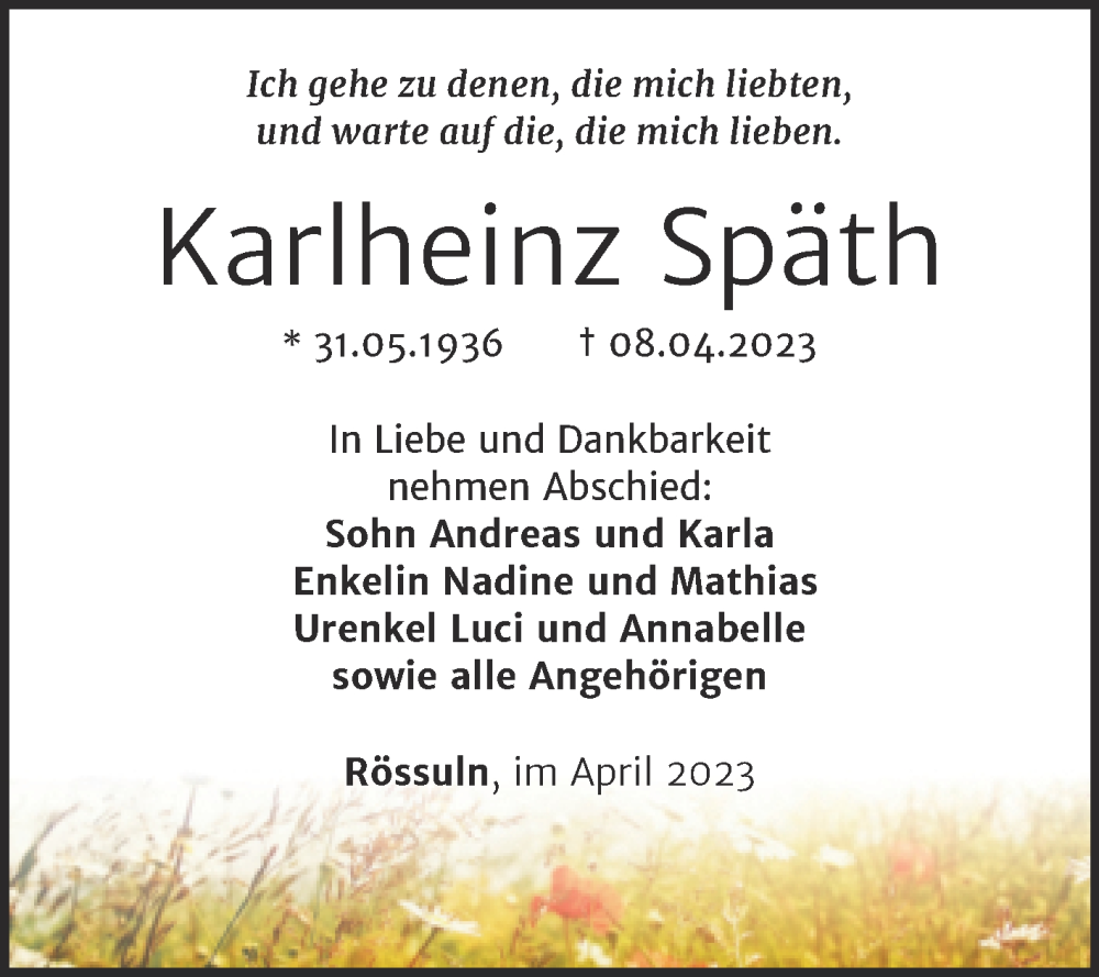  Traueranzeige für Karlheinz Späth vom 15.04.2023 aus Trauerkombi Weißenfels