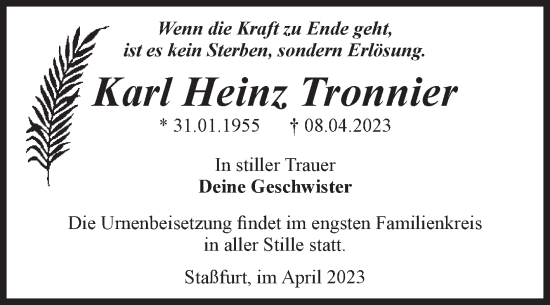 Traueranzeige von Karl Heinz Tronnier von Volksstimme Staßfurt
