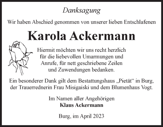Traueranzeige von Karola Ackermann von Volksstimme Burg/Genthin