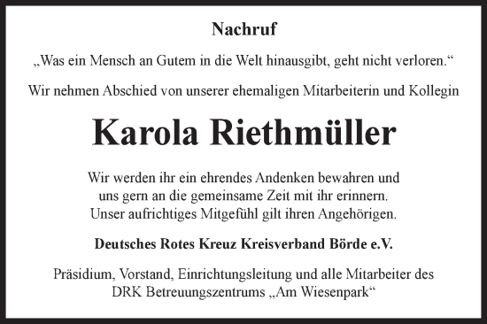 Traueranzeige von Karola Riethmüller von Volksstimme Oschersleben/Wanzleben