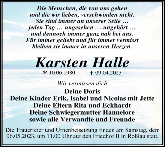 Traueranzeige von Karsten Halle von Trauerkombi Dessau
