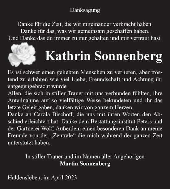 Traueranzeige von Kathrin Sonnenberg von Volksstimme Haldensleben/Wolmirstedt