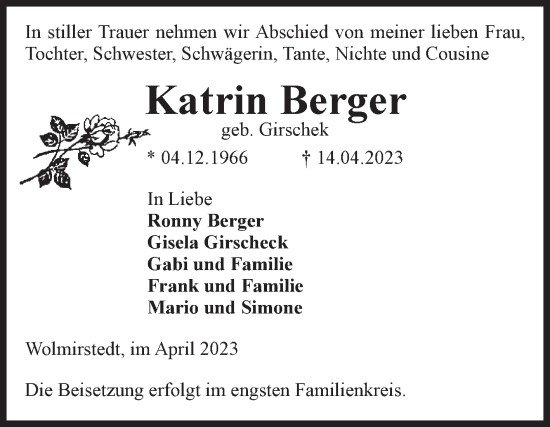 Traueranzeige von Katrin Berger von Volksstimme Haldensleben/Wolmirstedt