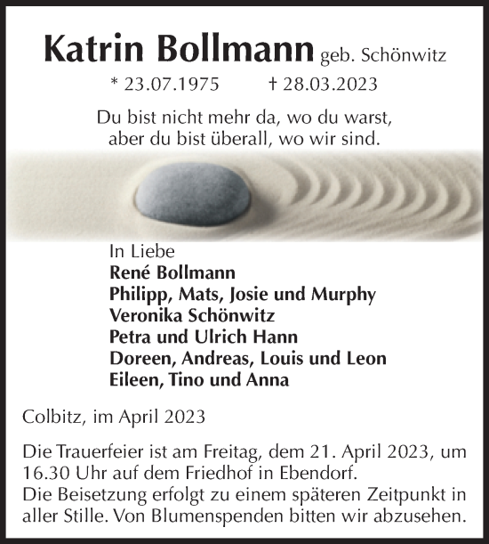 Traueranzeige von Katrin Bollmann von Volksstimme Haldensleben/Wolmirstedt