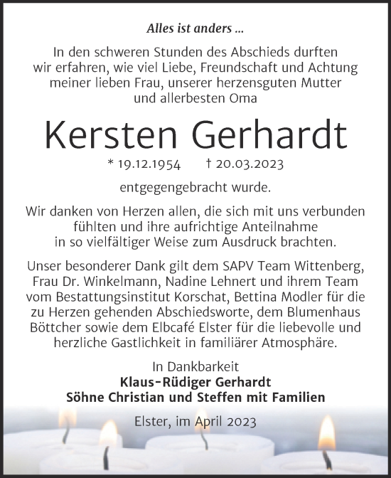 Traueranzeige von Kersten Gerhardt von Trauerkombi Wittenberg