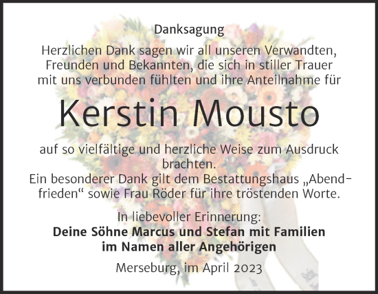 Traueranzeige von Kerstin Mousto von Trauerkombi Merseburg