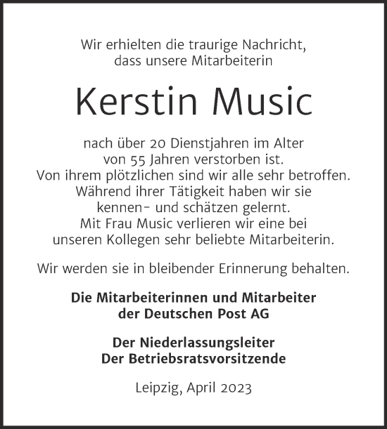 Traueranzeige von Kerstin Music von Mitteldeutsche Zeitung Halle/Saalkreis