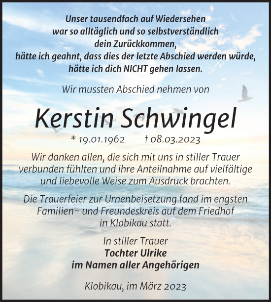 Traueranzeige von Kerstin Schwingel von Trauerkombi Merseburg