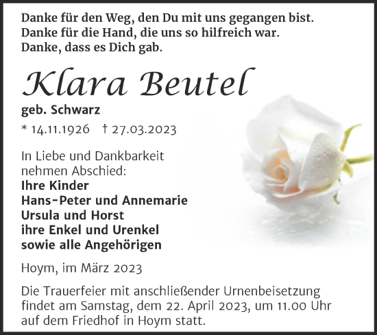 Traueranzeige von Klara Beutel von Trauerkombi Aschersleben