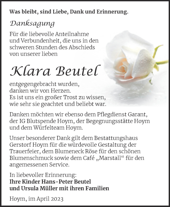 Traueranzeige von Klara Beutel von Trauerkombi Aschersleben