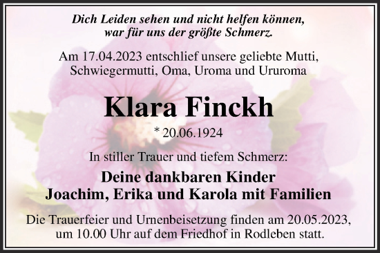 Traueranzeige von Klara Finckh von Trauerkombi Dessau