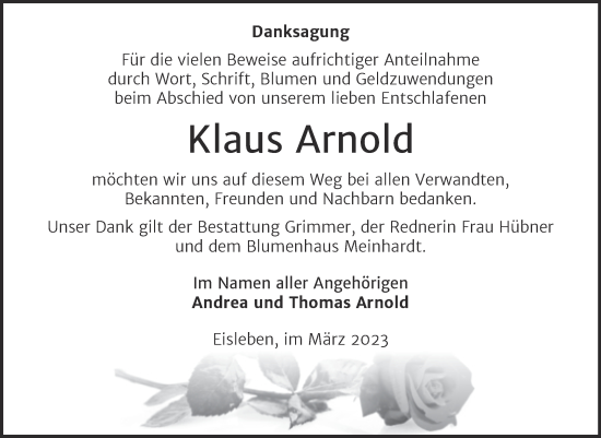 Traueranzeige von Klaus Arnold von Trauerkombi Mansfelder Land