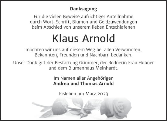 Traueranzeige von Klaus Arnold von Trauerkombi Mansfelder Land