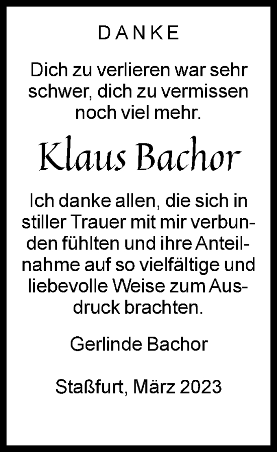 Traueranzeige von Klaus Bachor von Volksstimme Staßfurt