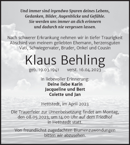 Traueranzeige von Klaus Behling von Trauerkombi Mansfelder Land