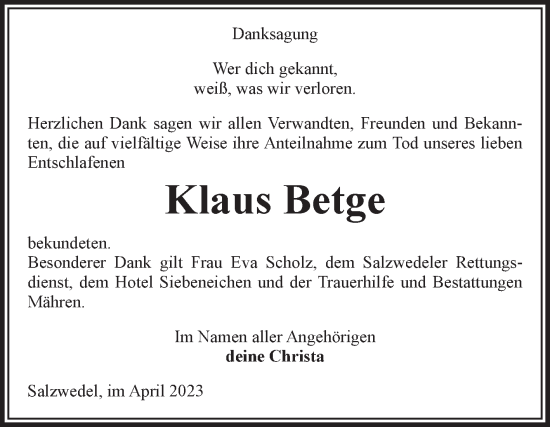 Traueranzeige von Klaus Betge von Volksstimme Altmark West