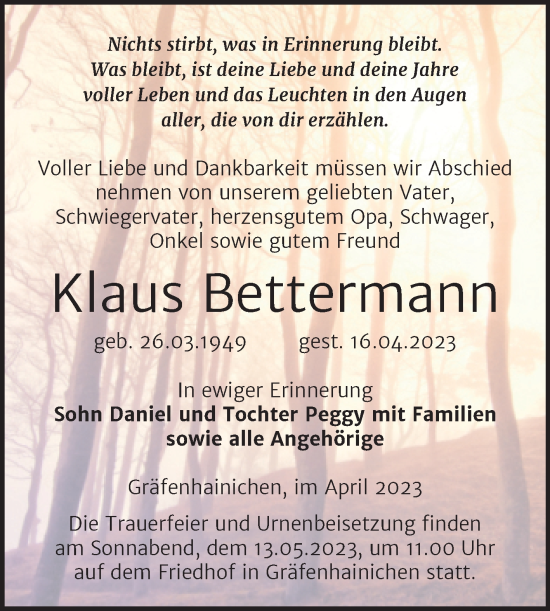 Traueranzeige von Klaus Bettermann von Trauerkombi Wittenberg