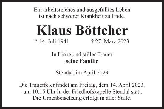 Traueranzeige von Klaus Böttcher von Volksstimme Altmark Ost
