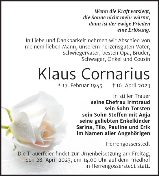 Traueranzeige von Klaus Cornarius von Wochenspiegel Naumburg/Nebra