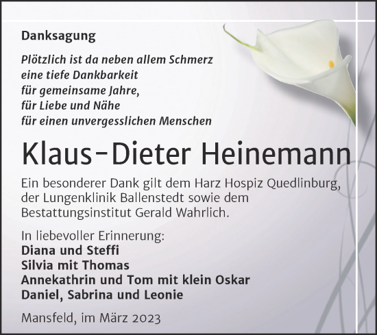 Traueranzeige von Klaus-Dieter Heinemann von Trauerkombi Mansfelder Land