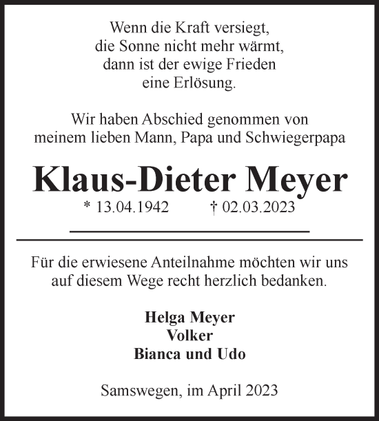 Traueranzeige von Klaus-Dieter Meyer von Volksstimme Haldensleben/Wolmirstedt