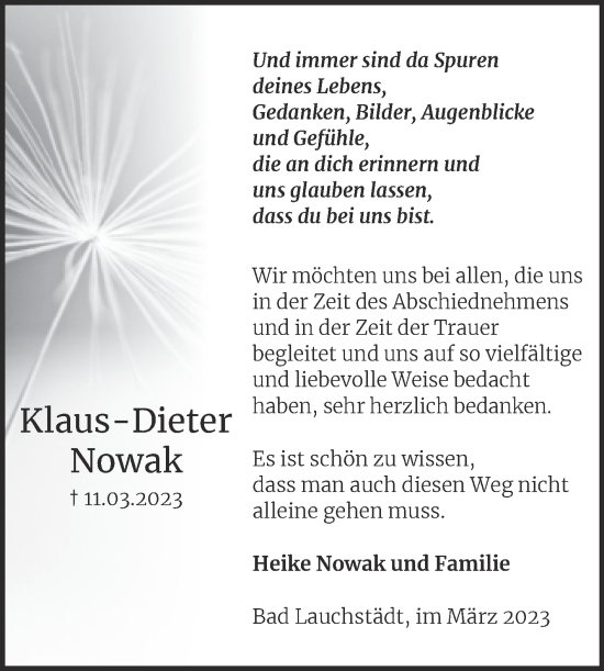 Traueranzeige von Klaus-Dieter Nowak von Trauerkombi Merseburg