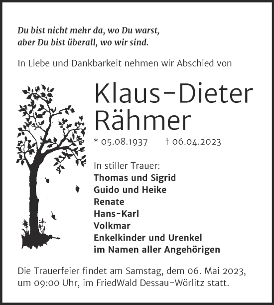Traueranzeige von Klaus-Dieter Rähmer von Trauerkombi Dessau