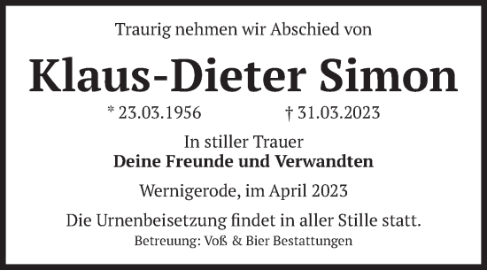 Traueranzeige von Klaus-Dieter Simon von Volksstimme Wernigerode