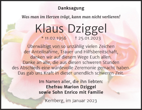 Traueranzeige von Klaus Dziggel von Trauerkombi Wittenberg