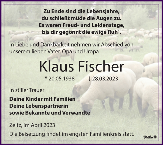 Traueranzeige von Klaus Fischer von Trauerkombi Zeitz