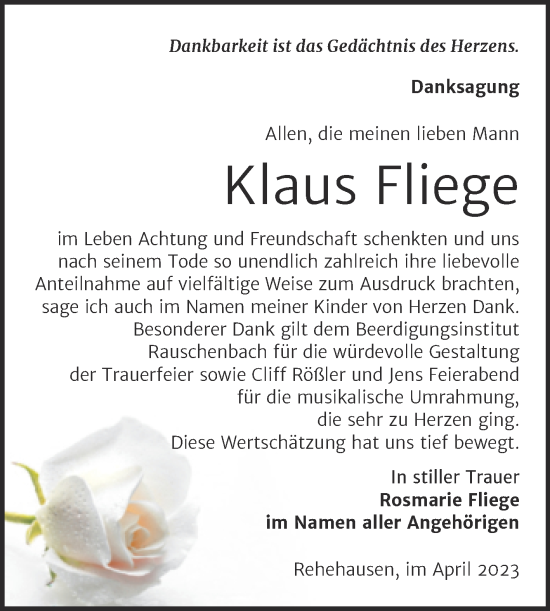 Traueranzeige von Klaus Fliege von Wochenspiegel Naumburg/Nebra