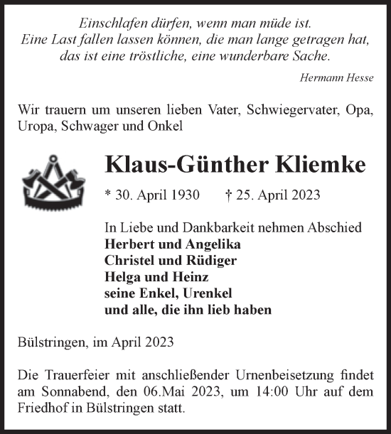 Traueranzeige von Klaus-Günther Kliemke von Volksstimme Haldensleben/Wolmirstedt