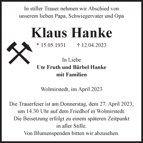 Traueranzeige von Klaus Hanke von Volksstimme Haldensleben/Wolmirstedt