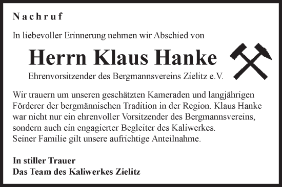 Traueranzeige von Klaus Hanke von Volksstimme Haldensleben/Wolmirstedt